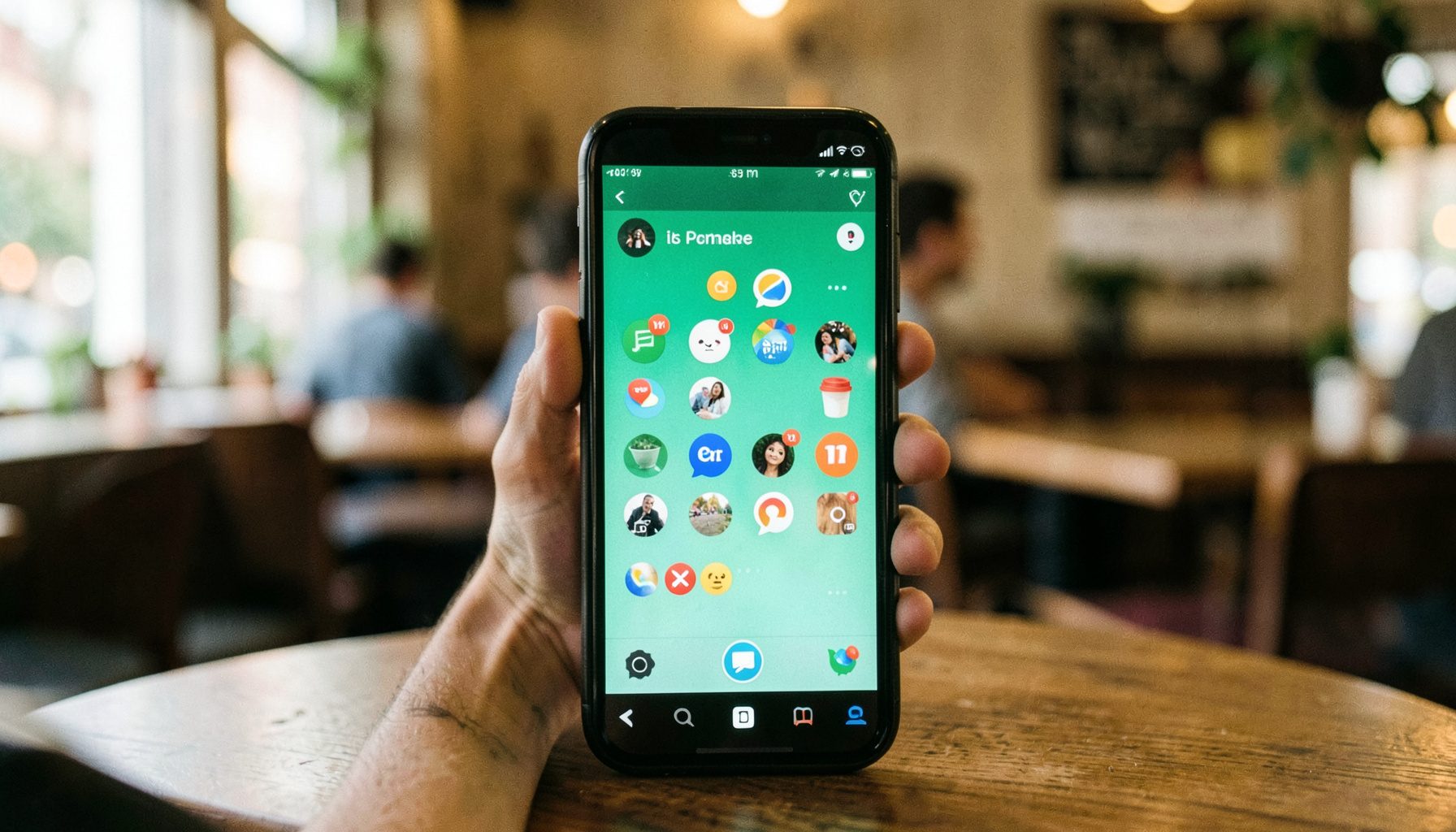 A smartphone showing social media icons against a blurred background of a cozy café interior in soft earth tones.