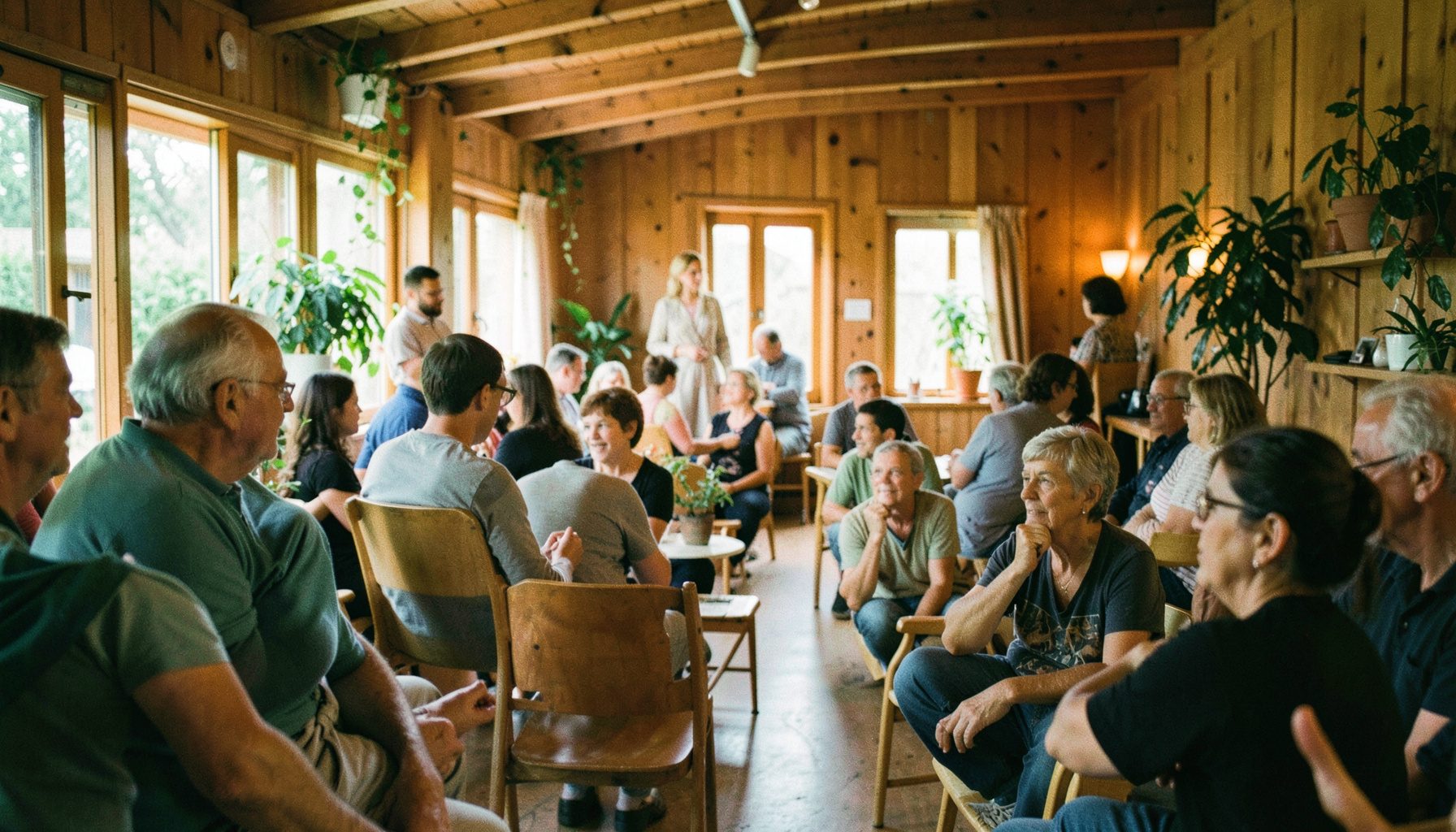 A softly lit community gathering space with warm wooden tones and gentle greenery, conveying a calm and welcoming atmosphere.