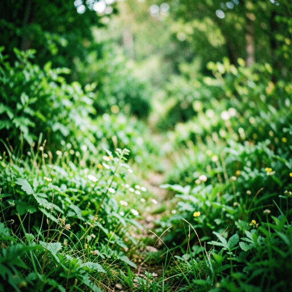 A lush green forest canopy in Taiwan, dappled sunlight filtering through broad leaves, calm and serene atmosphere with deep emerald and soft golden tones.